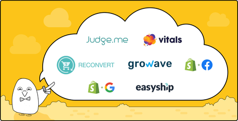 Shopify Apps logos: Judge.me, Vitals, ReConvert, Growave, EasyShip, Facebook channel, Google channel