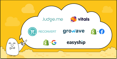 Shopify Apps logos: Judge.me, Vitals, ReConvert, Growave, EasyShip, Facebook channel, Google channel